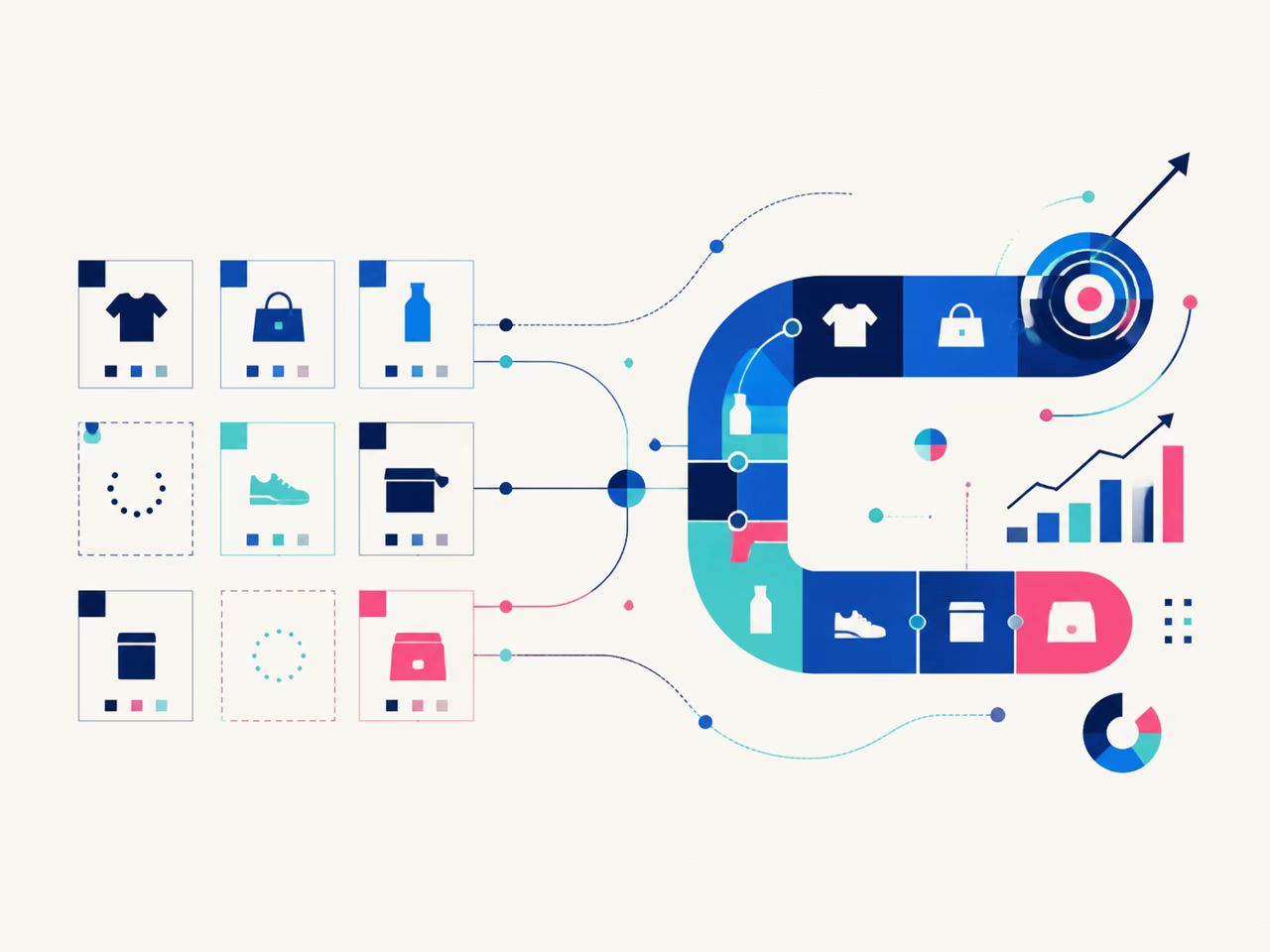 Ilustração de módulos de comércio digital evoluindo em um fluxo contínuo